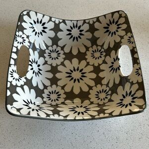 8” square decorative ceramic bowl with mod patterns inside and out.